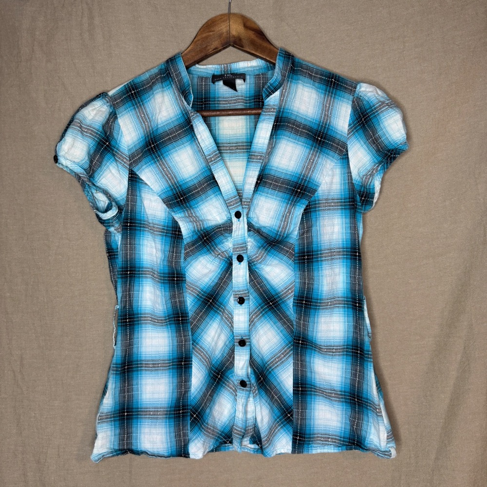 Y2K IZ Byer California Blue Plaid Puff Sleeve Button Up Blouse Medium